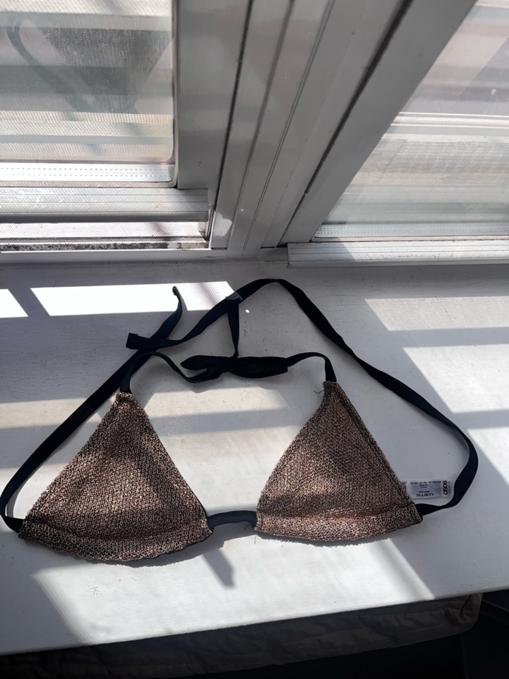 Triangle Bikini Top in Shimmery Gold with Black Ties